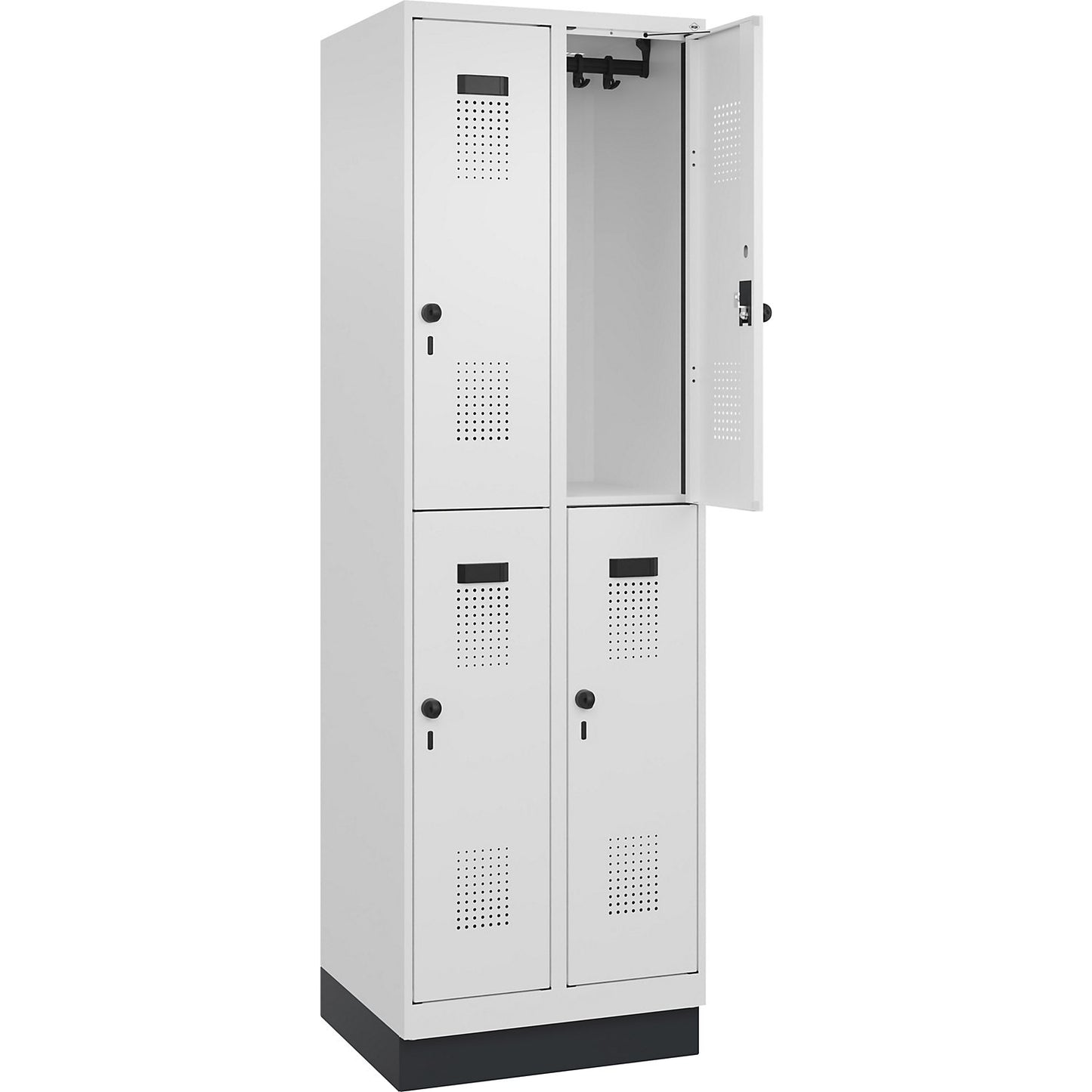 Evolo PLUS double deck clothes locker, 2 compartments, traffic white, W 600 mm, with base plinth, rotary bolt.
