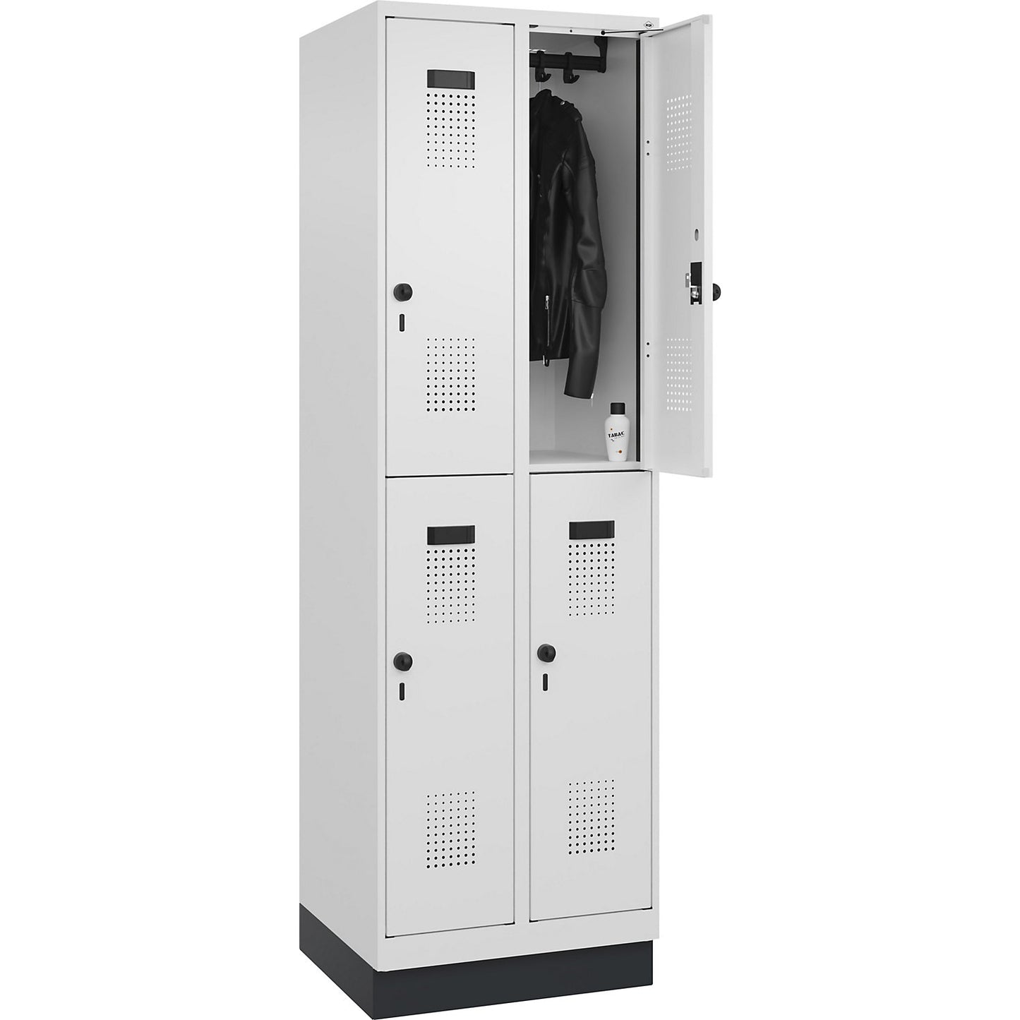 Evolo PLUS double deck clothes locker, 2 compartments, traffic white, W 600 mm, with base plinth, rotary bolt.
