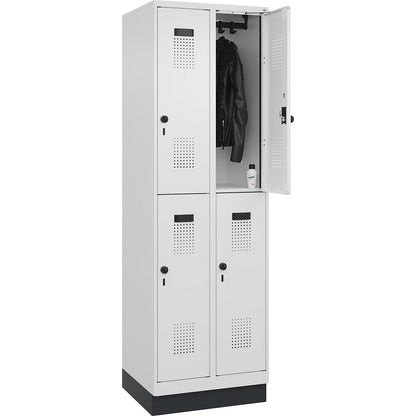 Evolo PLUS double deck clothes locker, 2 compartments, traffic white, W 600 mm, with base plinth, rotary bolt.