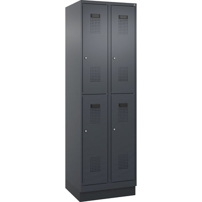 Evolo PLUS double deck clothes locker, 2 compartments, grey, W 600 mm, with base plinth, cylinder lock.