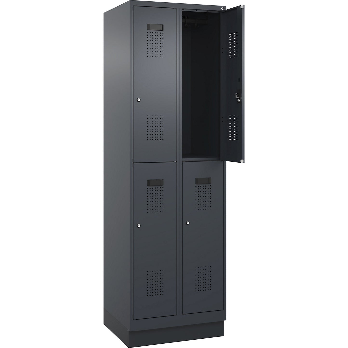 Evolo PLUS double deck clothes locker, 2 compartments, grey, W 600 mm, with base plinth, cylinder lock.