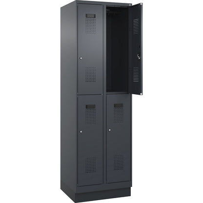 Evolo PLUS double deck clothes locker, 2 compartments, grey, W 600 mm, with base plinth, cylinder lock.