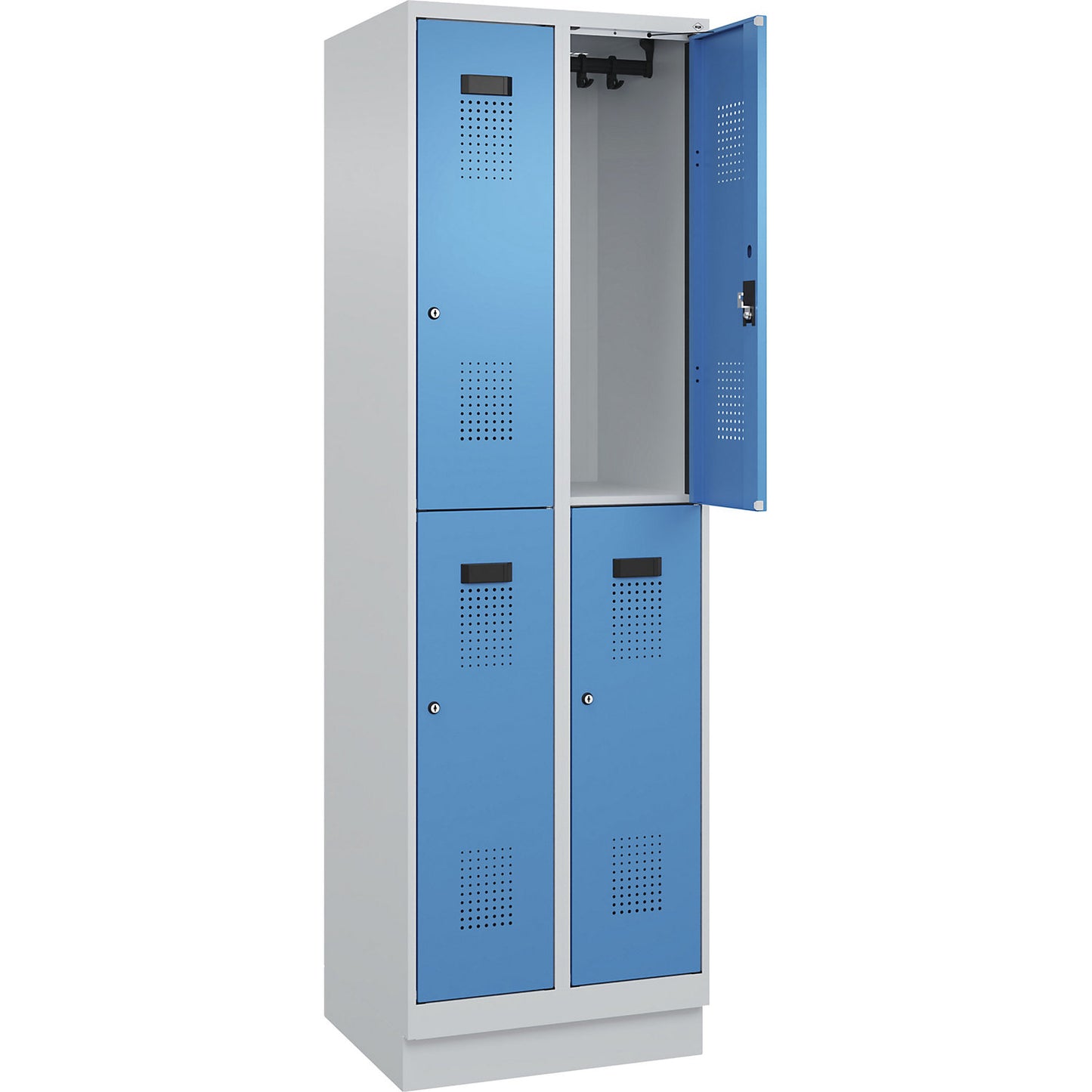 Evolo PLUS double deck clothes locker, 2 compartments, light grey / light blue, W 600 mm, with base plinth, cylinder lock.