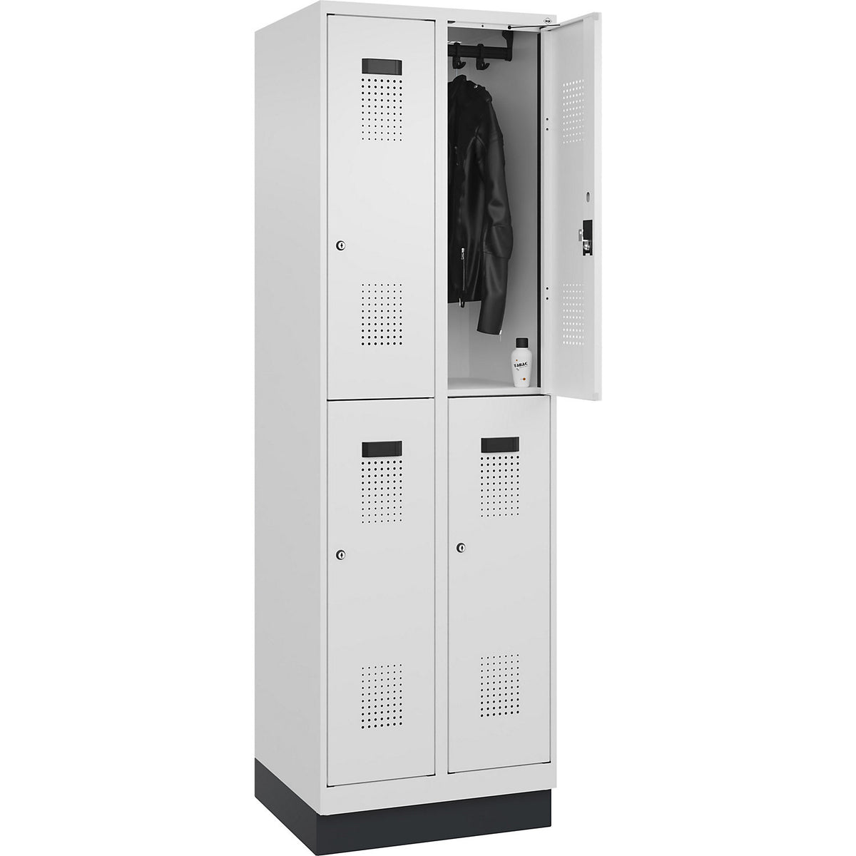 Evolo PLUS double deck clothes locker, 2 compartments, traffic white, W 600 mm, with base plinth, cylinder lock.