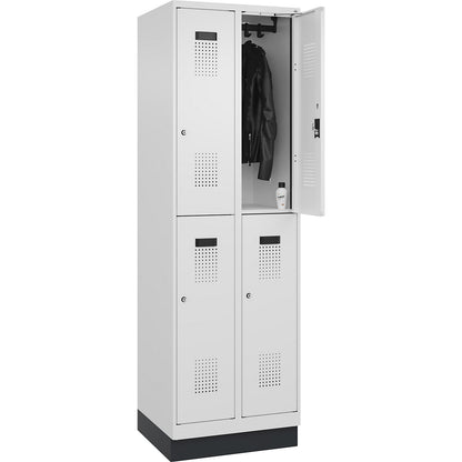 Evolo PLUS double deck clothes locker, 2 compartments, traffic white, W 600 mm, with base plinth, cylinder lock.