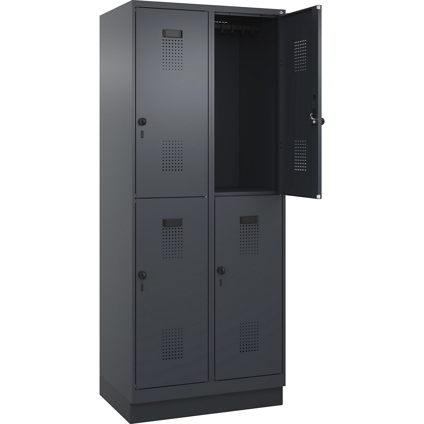 Evolo PLUS double deck clothes locker, 2 compartments, grey, W 800 mm, with base plinth, rotary bolt.