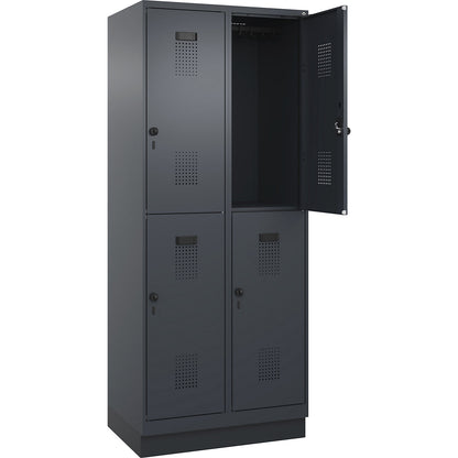 Evolo PLUS double deck clothes locker, 2 compartments, grey, W 800 mm, with base plinth, rotary bolt.
