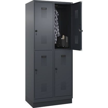 Evolo PLUS double deck clothes locker, 2 compartments, grey, W 800 mm, with base plinth, rotary bolt.