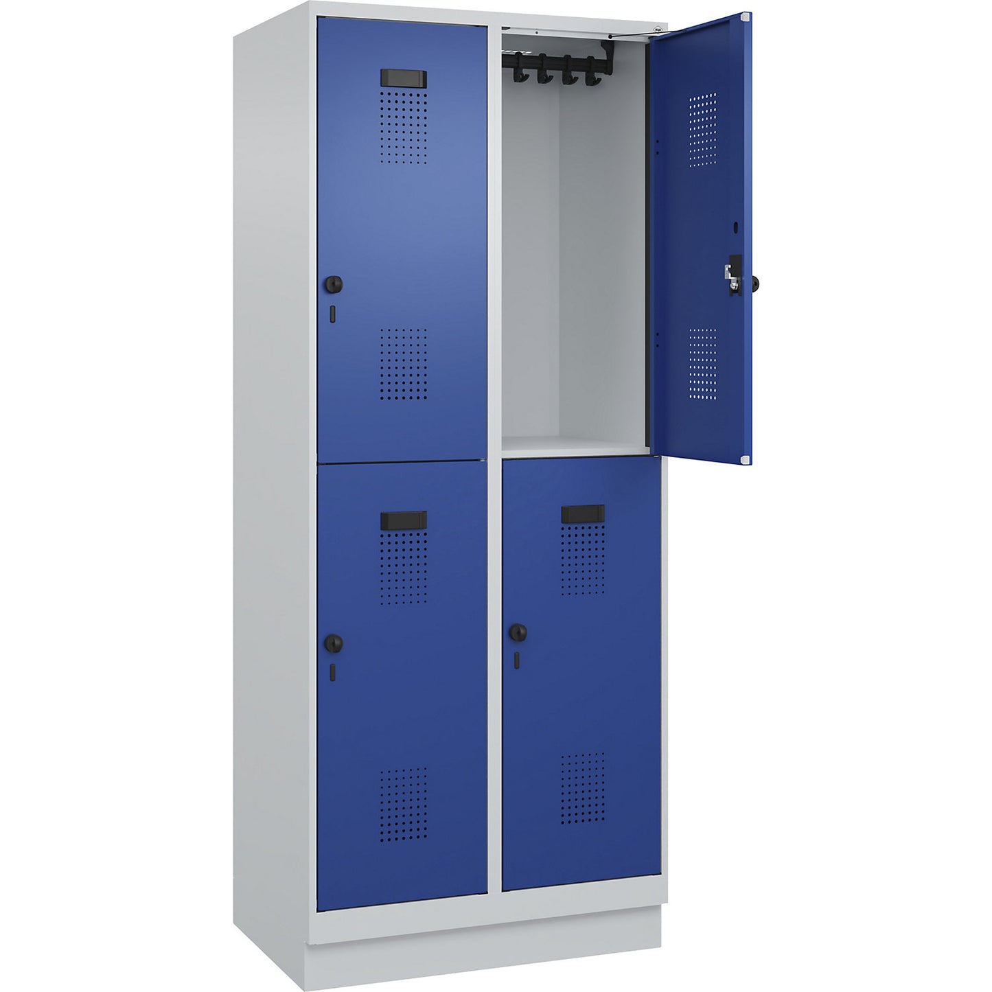 Evolo PLUS double deck clothes locker, 2 compartments, light grey / gentian blue, W 800 mm, with base plinth, rotary bolt.