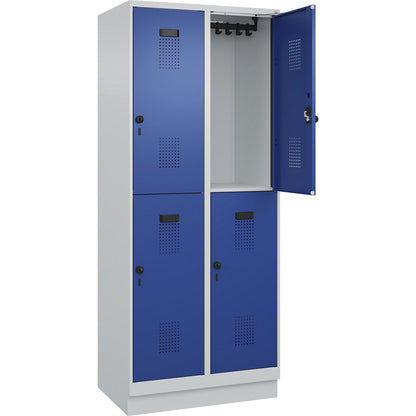 Evolo PLUS double deck clothes locker, 2 compartments, light grey / gentian blue, W 800 mm, with base plinth, rotary bolt.