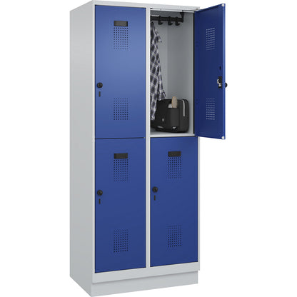 Evolo PLUS double deck clothes locker, 2 compartments, light grey / gentian blue, W 800 mm, with base plinth, rotary bolt.