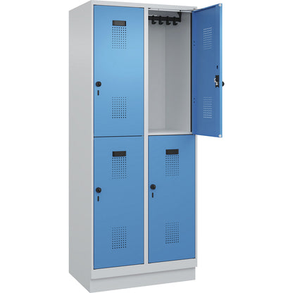 Evolo PLUS double deck clothes locker, 2 compartments, light grey / light blue, W 800 mm, with base plinth, rotary bolt.