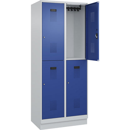 Evolo PLUS double deck clothes locker, 2 compartments, light grey / gentian blue, W 800 mm, with base plinth, cylinder lock.