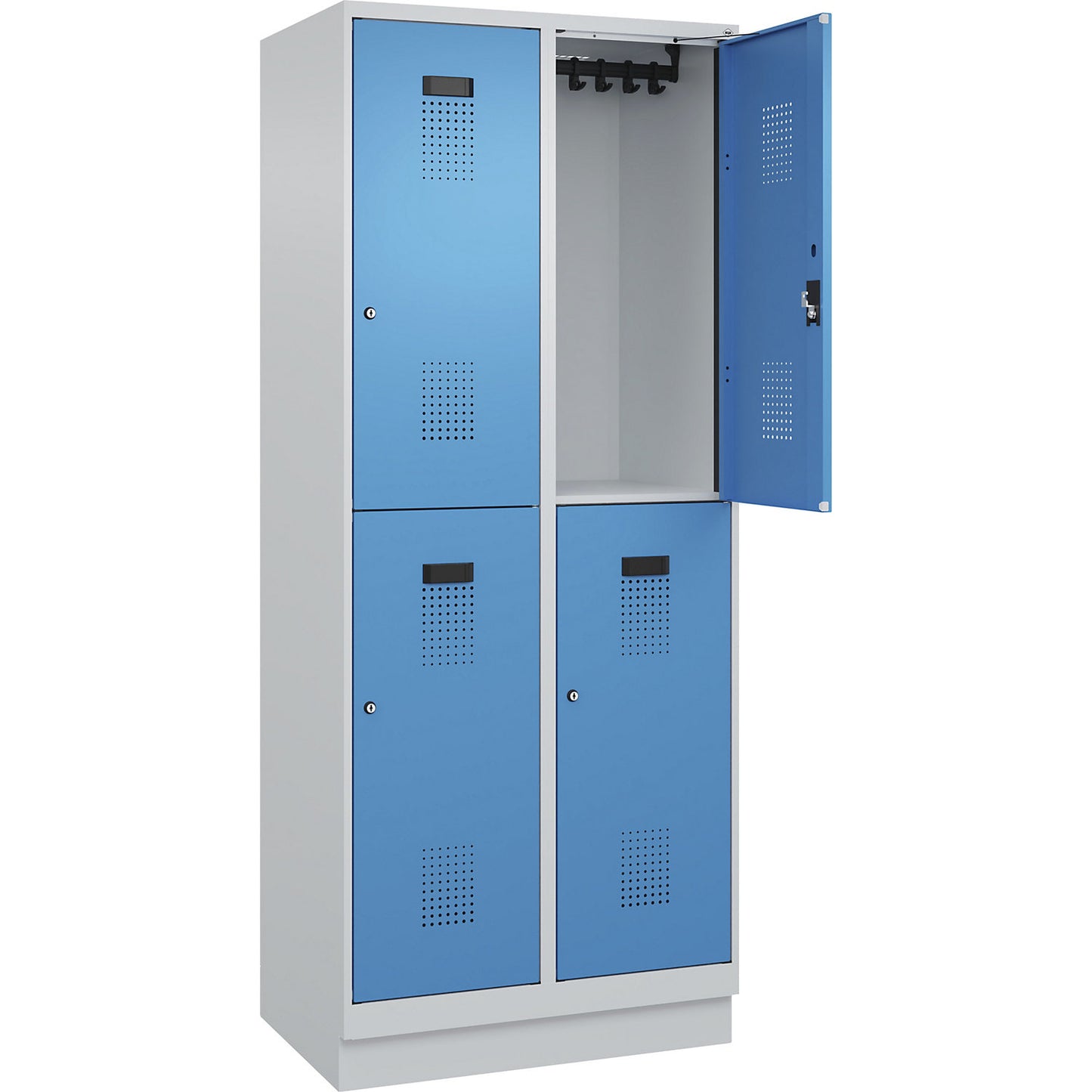 Evolo PLUS double deck clothes locker, 2 compartments, light grey / light blue, W 800 mm, with base plinth, cylinder lock.