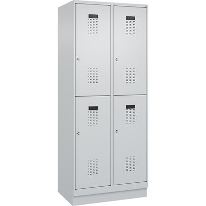 Evolo PLUS double deck clothes locker, 2 compartments, light grey, W 800 mm, with base plinth, cylinder lock.