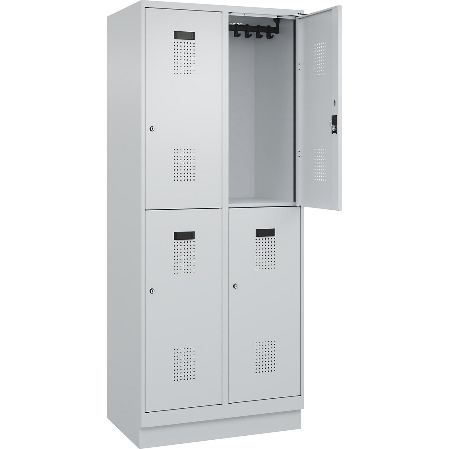 Evolo PLUS double deck clothes locker, 2 compartments, light grey, W 800 mm, with base plinth, cylinder lock.