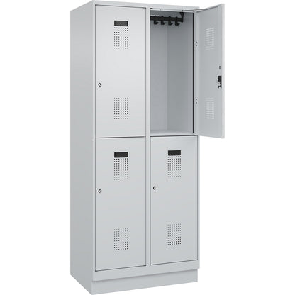 Evolo PLUS double deck clothes locker, 2 compartments, light grey, W 800 mm, with base plinth, cylinder lock.