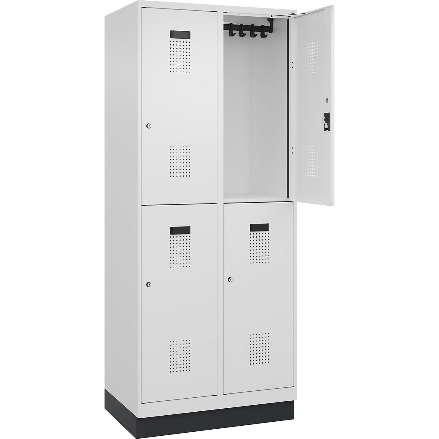 Evolo PLUS double deck clothes locker, 2 compartments, traffic white, W 800 mm, with base plinth, cylinder lock.