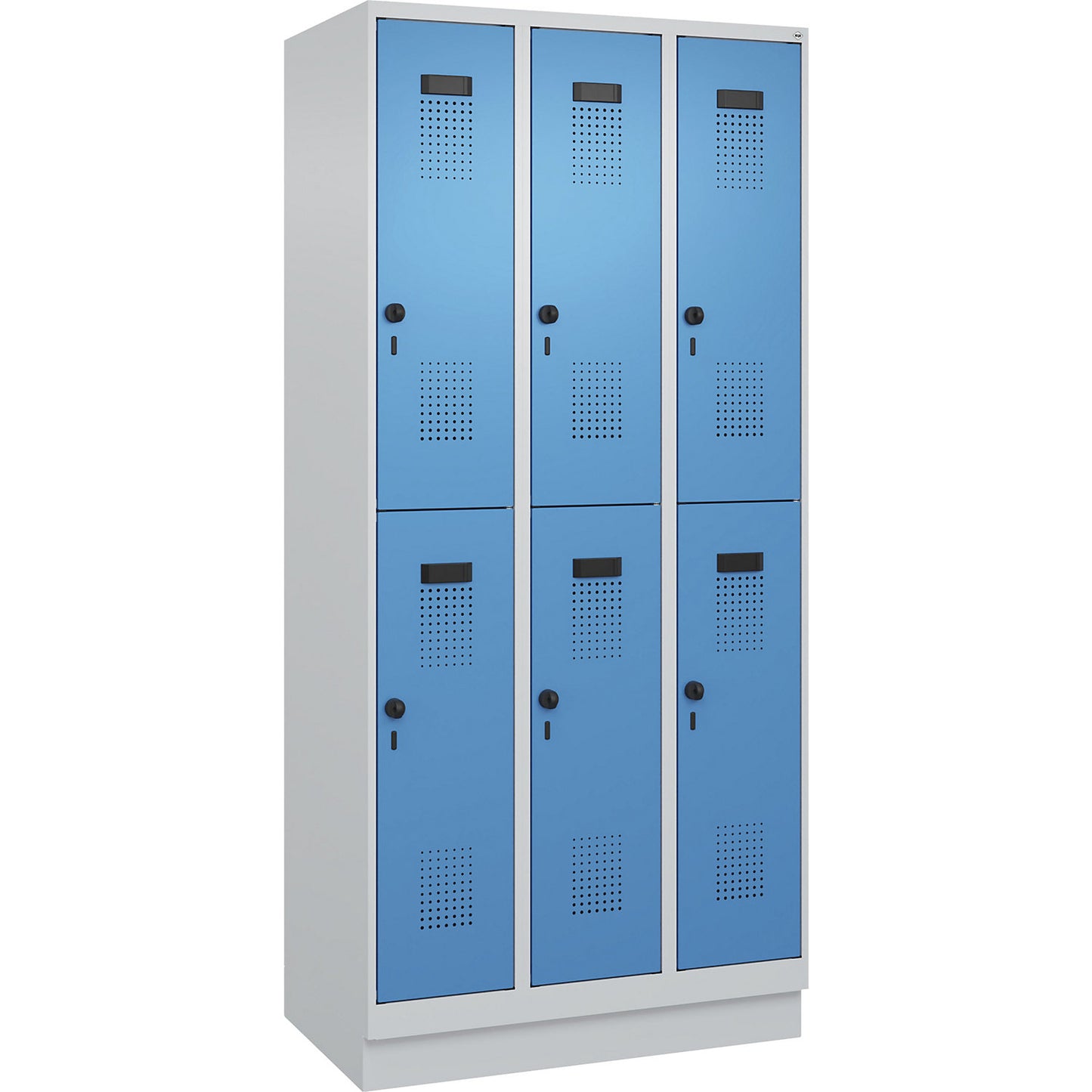 Evolo PLUS double deck clothes locker, 3 compartments, light grey / light blue, W 900 mm, with base plinth, rotary bolt.