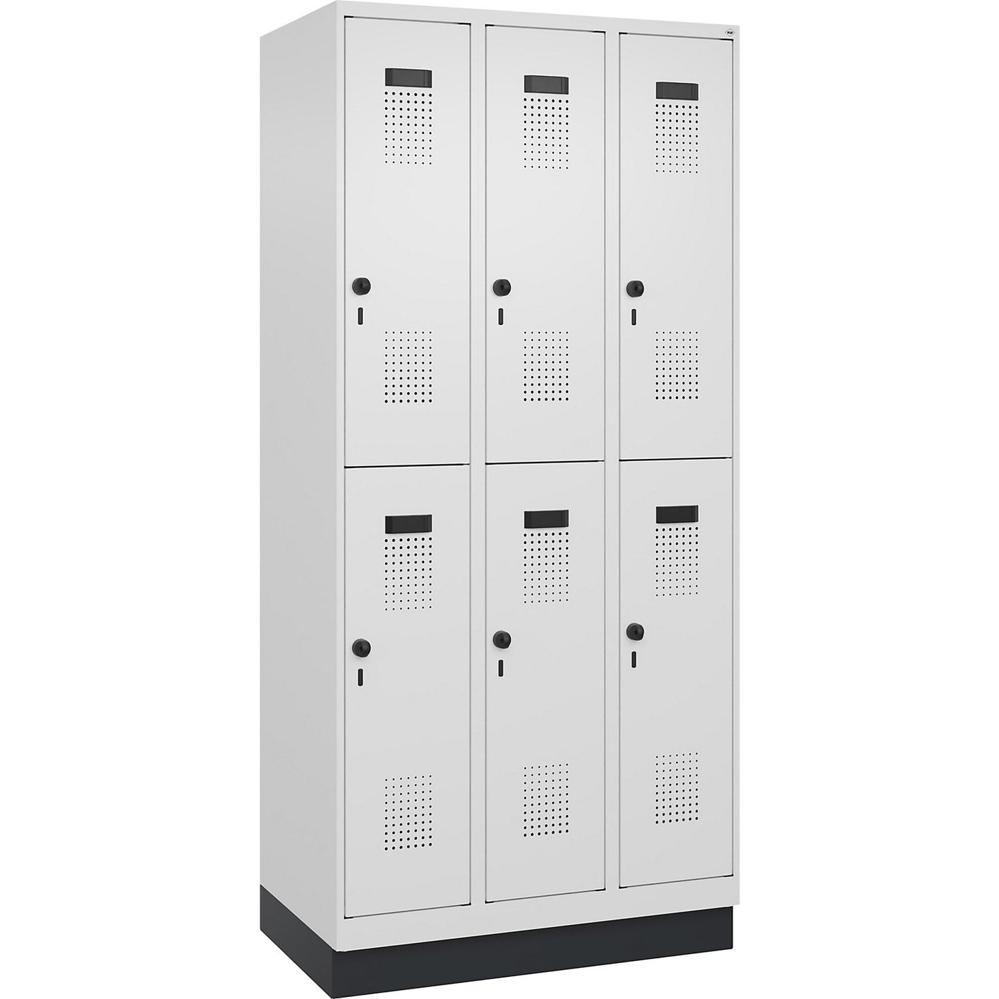 Evolo PLUS double deck clothes locker, 3 compartments, traffic white, W 900 mm, with base plinth, rotary bolt.