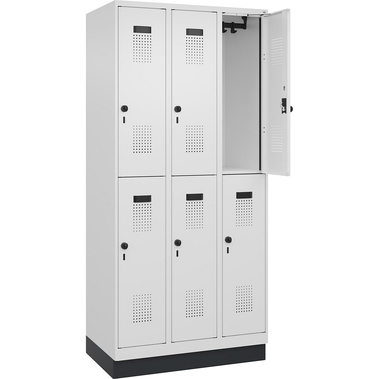 Evolo PLUS double deck clothes locker, 3 compartments, traffic white, W 900 mm, with base plinth, rotary bolt.