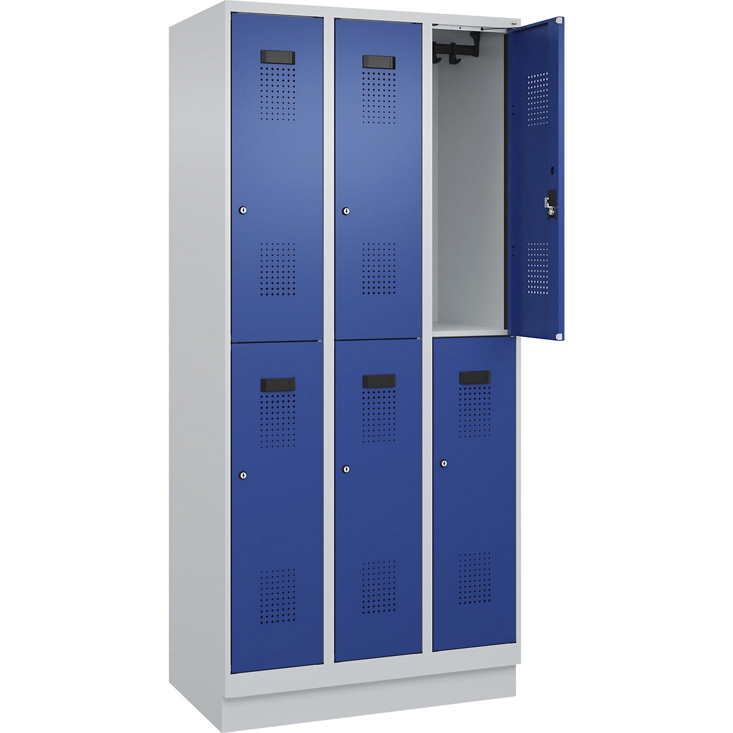 Evolo PLUS double deck clothes locker, 3 compartments, light grey / gentian blue, W 900 mm, with base plinth, cylinder lock.