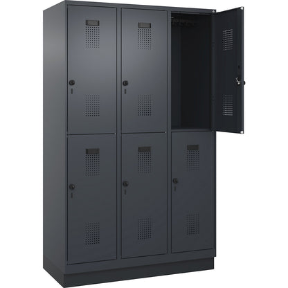 Evolo PLUS double deck clothes locker, 3 compartments, grey, W 1200 mm, with base plinth, rotary bolt.