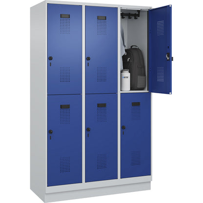 Evolo PLUS double deck clothes locker, 3 compartments, light grey / gentian blue, W 1200 mm, with base plinth, rotary bolt.