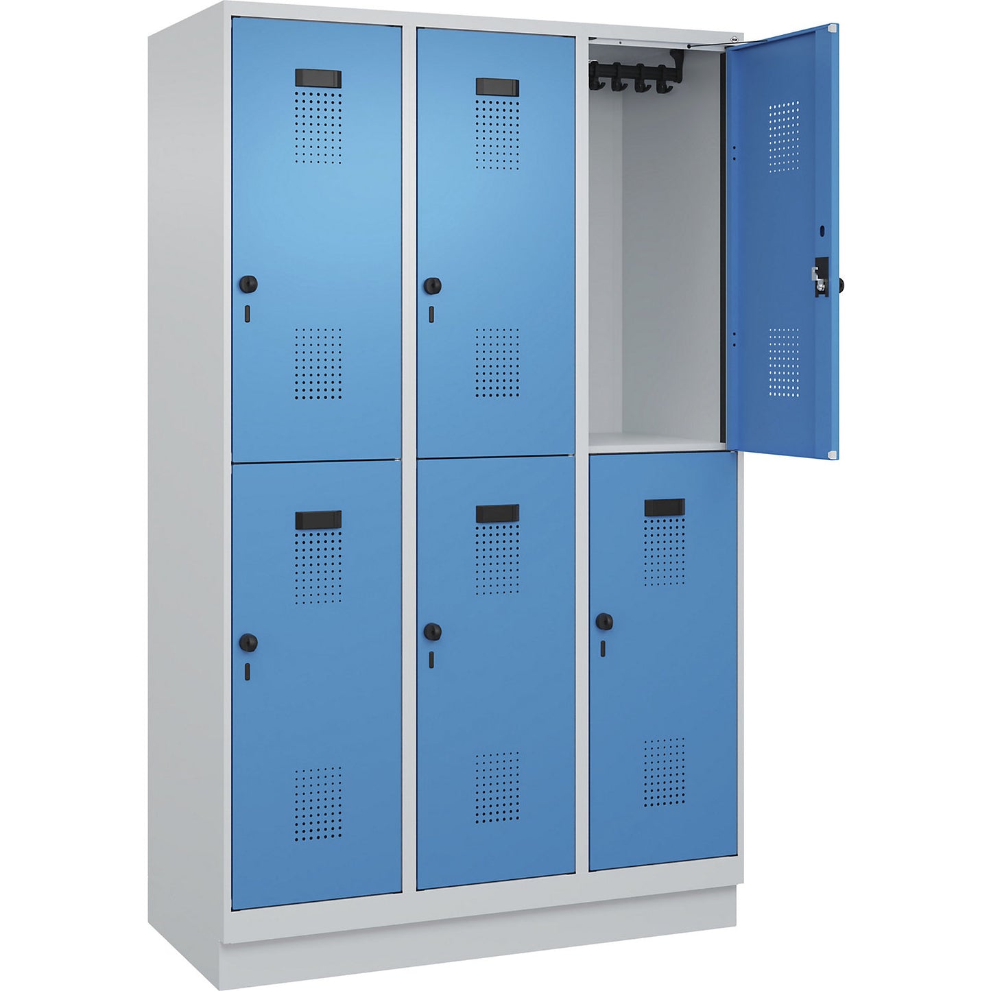 Evolo PLUS double deck clothes locker, 3 compartments, light grey / light blue, W 1200 mm, with base plinth, rotary bolt.