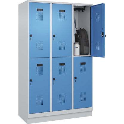 Evolo PLUS double deck clothes locker, 3 compartments, light grey / light blue, W 1200 mm, with base plinth, rotary bolt.
