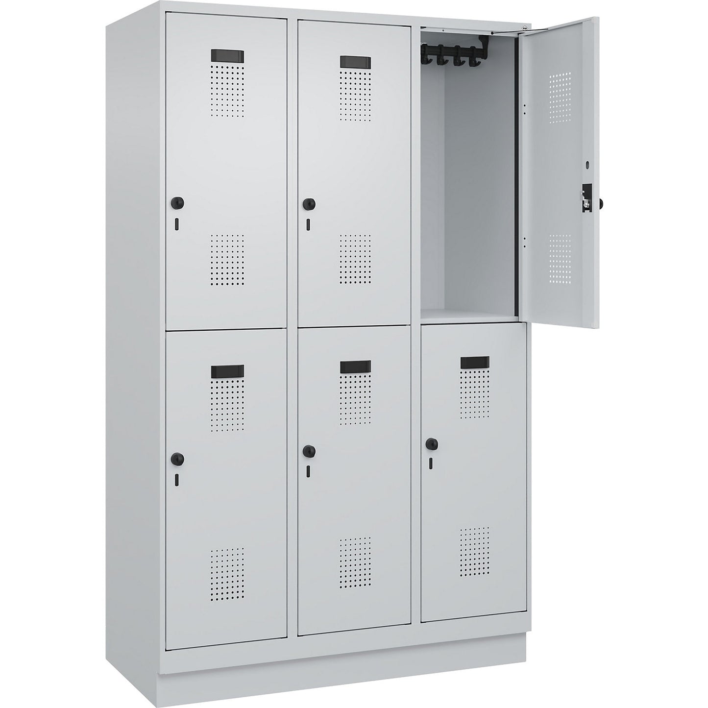 Evolo PLUS double deck clothes locker, 3 compartments, light grey, W 1200 mm, with base plinth, rotary bolt.