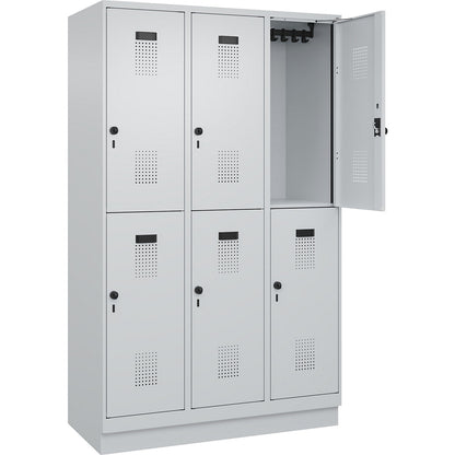 Evolo PLUS double deck clothes locker, 3 compartments, light grey, W 1200 mm, with base plinth, rotary bolt.