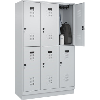 Evolo PLUS double deck clothes locker, 3 compartments, light grey, W 1200 mm, with base plinth, rotary bolt.