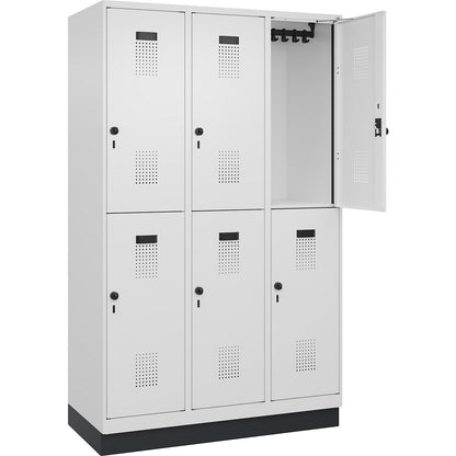 Evolo PLUS double deck clothes locker, 3 compartments, traffic white, W 1200 mm, with base plinth, rotary bolt.