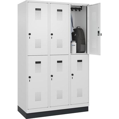 Evolo PLUS double deck clothes locker, 3 compartments, traffic white, W 1200 mm, with base plinth, rotary bolt.