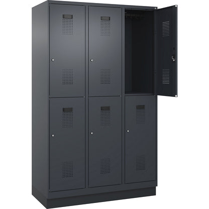 Evolo PLUS double deck clothes locker, 3 compartments, grey, W 1200 mm, with base plinth, cylinder lock.