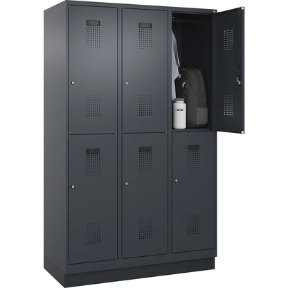 Evolo PLUS double deck clothes locker, 3 compartments, grey, W 1200 mm, with base plinth, cylinder lock.