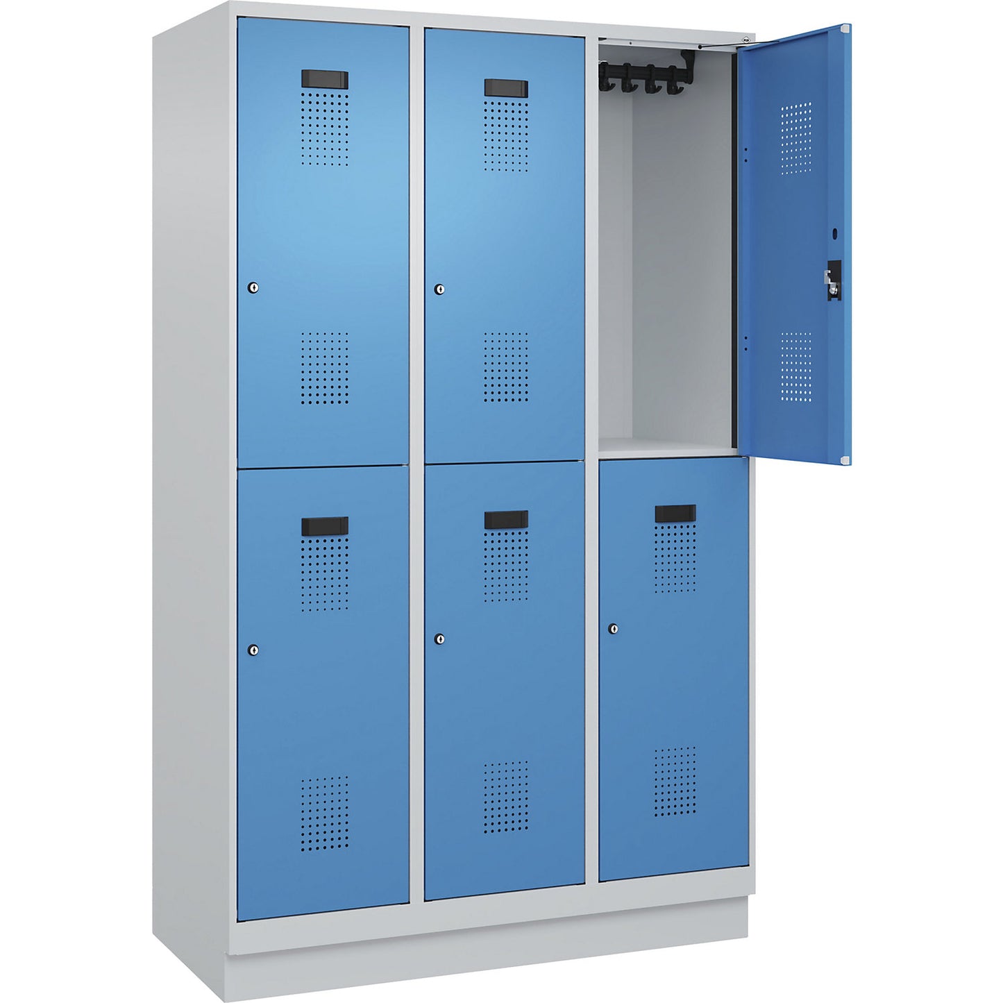 Evolo PLUS double deck clothes locker, 3 compartments, light grey / light blue, W 1200 mm, with base plinth, cylinder lock.