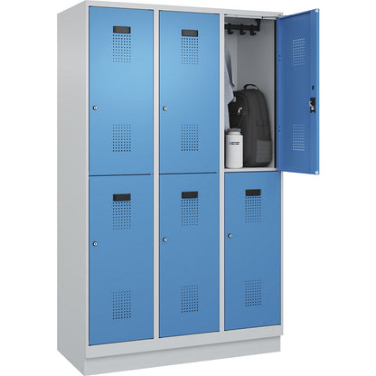 Evolo PLUS double deck clothes locker, 3 compartments, light grey / light blue, W 1200 mm, with base plinth, cylinder lock.