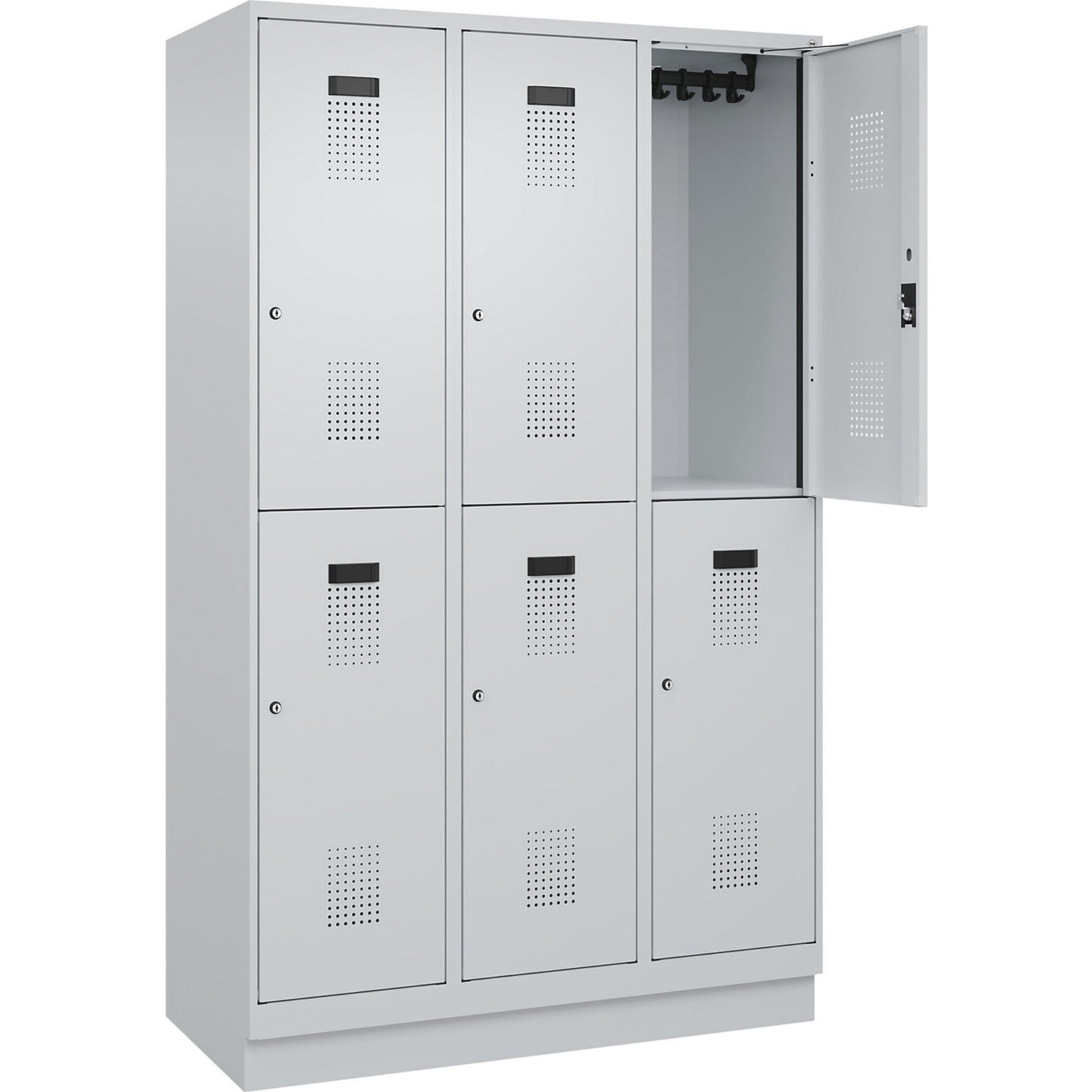 Evolo PLUS double deck clothes locker, 3 compartments, light grey, W 1200 mm, with base plinth, cylinder lock.