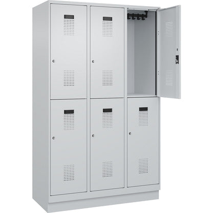 Evolo PLUS double deck clothes locker, 3 compartments, light grey, W 1200 mm, with base plinth, cylinder lock.