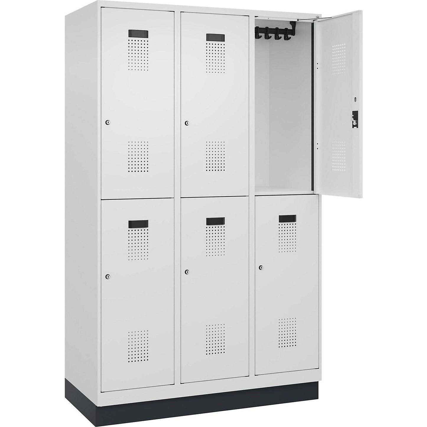 Evolo PLUS double deck clothes locker, 3 compartments, traffic white, W 1200 mm, with base plinth, cylinder lock.