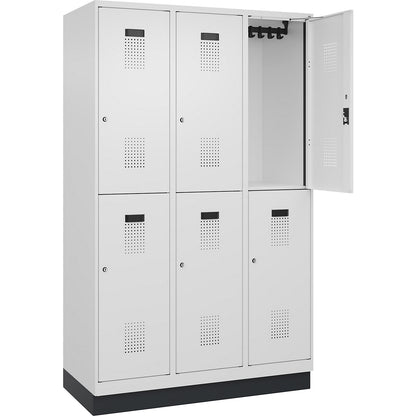 Evolo PLUS double deck clothes locker, 3 compartments, traffic white, W 1200 mm, with base plinth, cylinder lock.