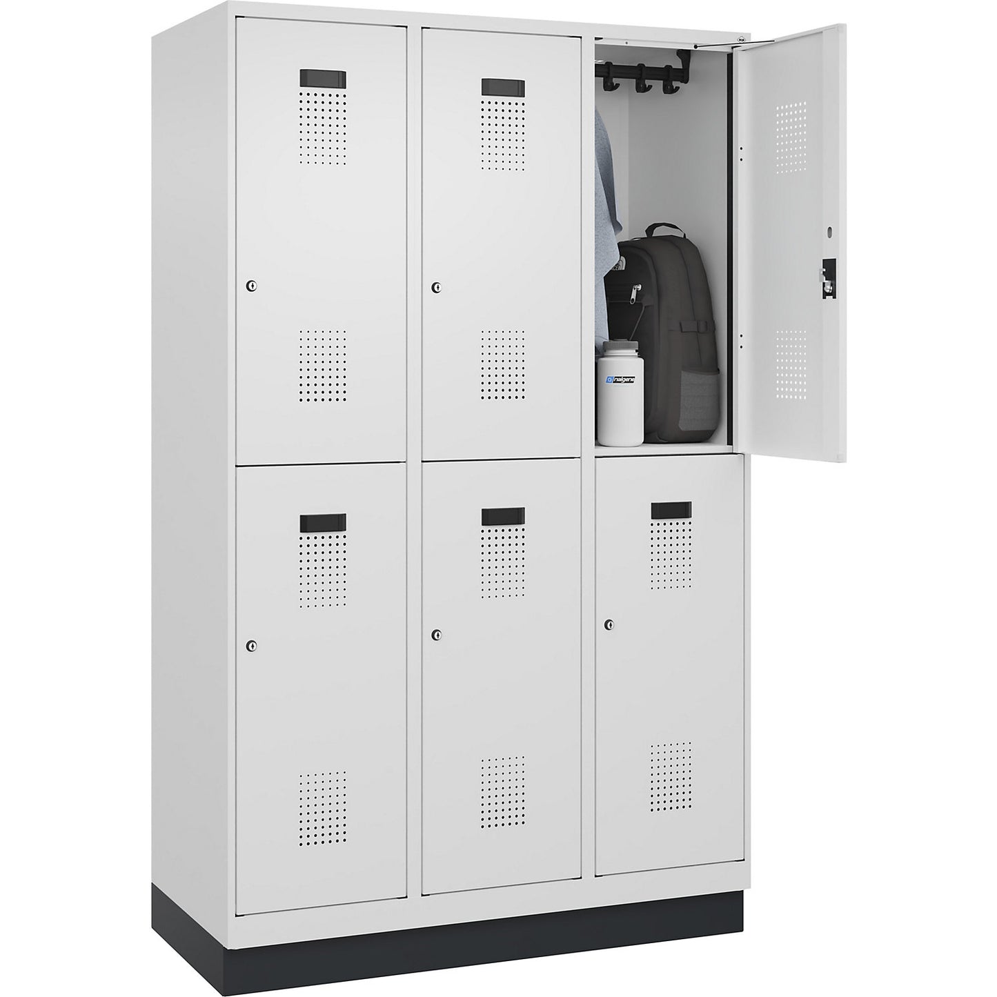 Evolo PLUS double deck clothes locker, 3 compartments, traffic white, W 1200 mm, with base plinth, cylinder lock.