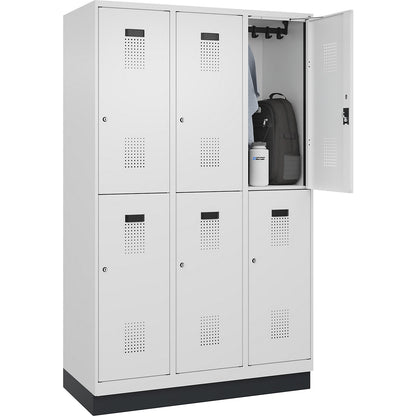 Evolo PLUS double deck clothes locker, 3 compartments, traffic white, W 1200 mm, with base plinth, cylinder lock.
