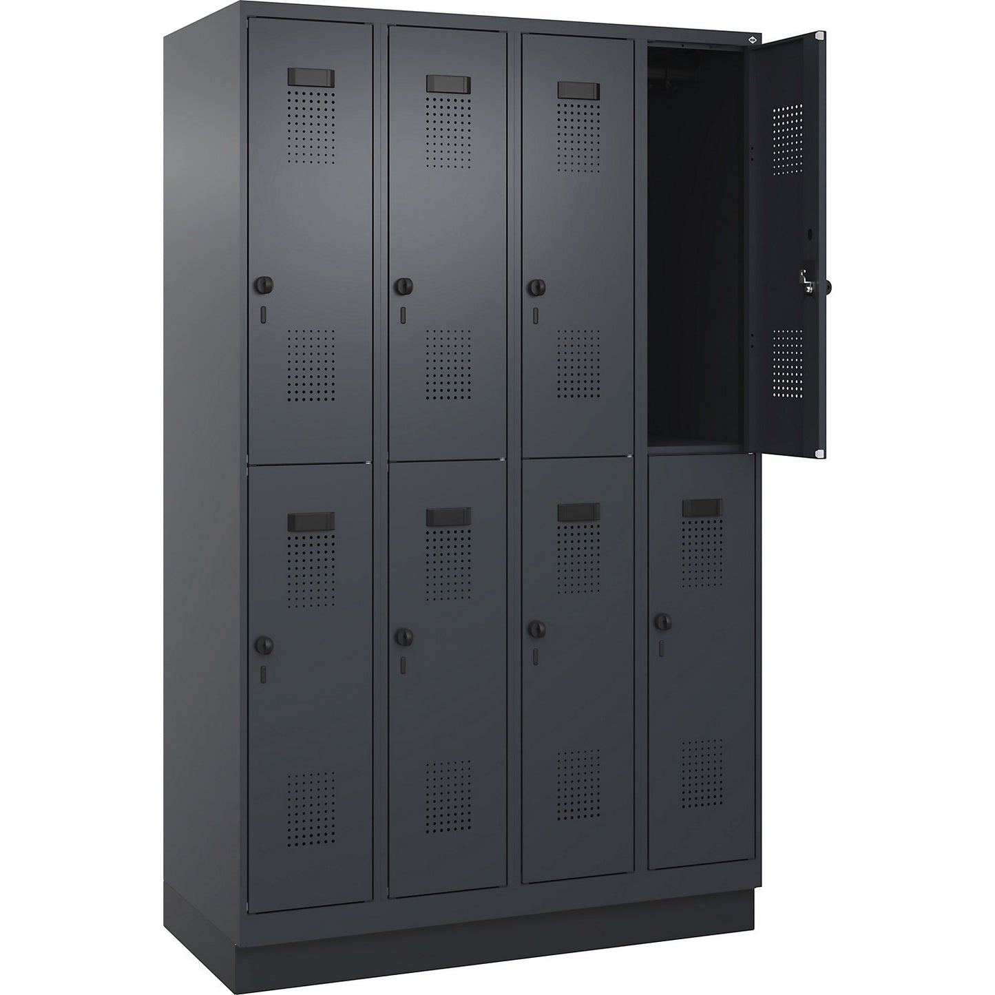 Evolo PLUS double deck clothes locker, 4 compartments, grey, W 1200 mm, with base plinth, rotary bolt.