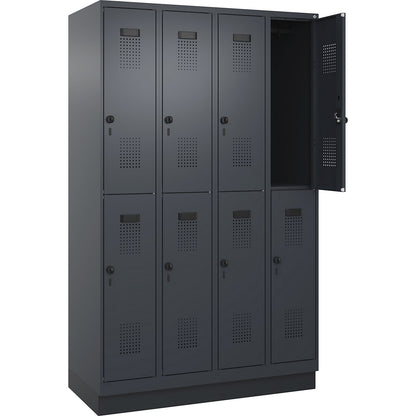 Evolo PLUS double deck clothes locker, 4 compartments, grey, W 1200 mm, with base plinth, rotary bolt.