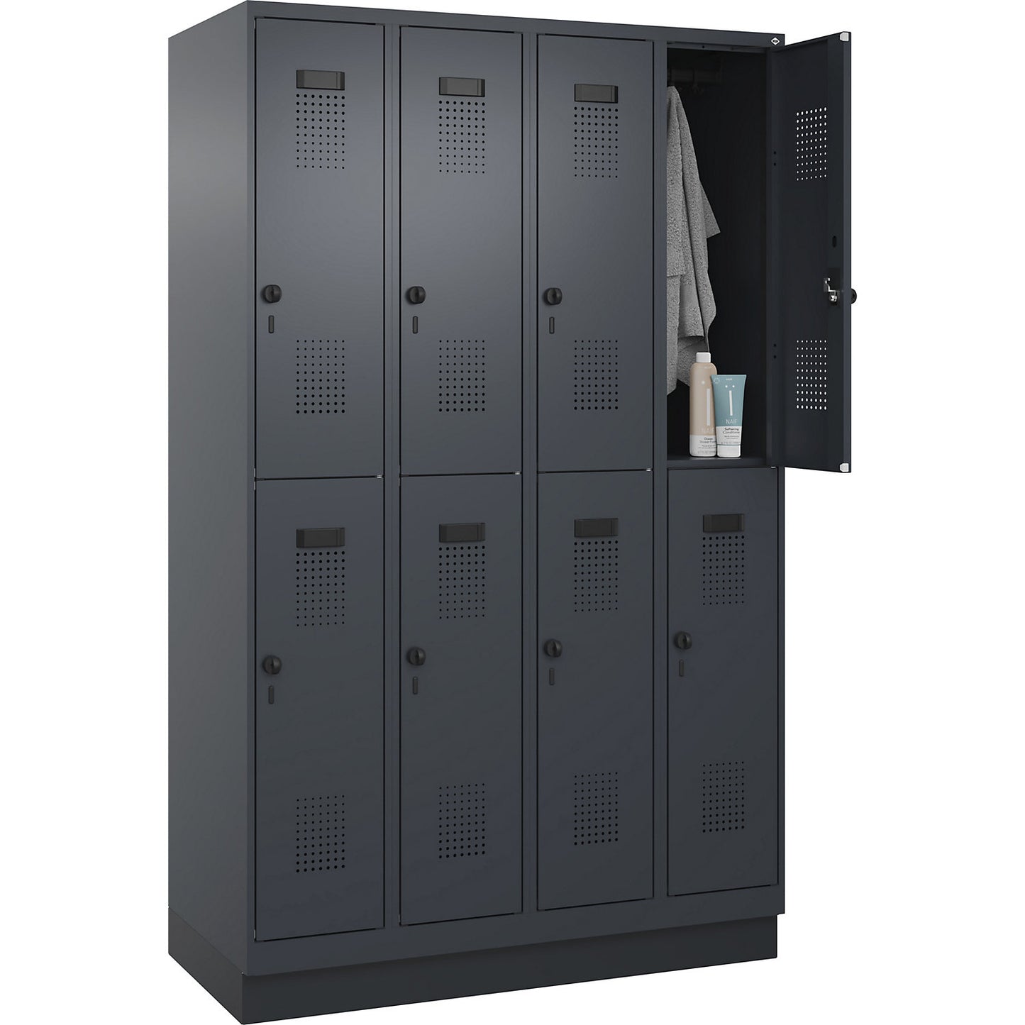 Evolo PLUS double deck clothes locker, 4 compartments, grey, W 1200 mm, with base plinth, rotary bolt.