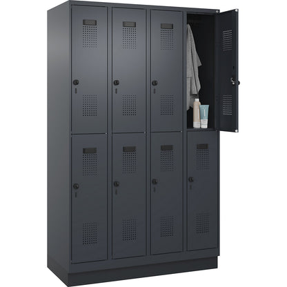 Evolo PLUS double deck clothes locker, 4 compartments, grey, W 1200 mm, with base plinth, rotary bolt.