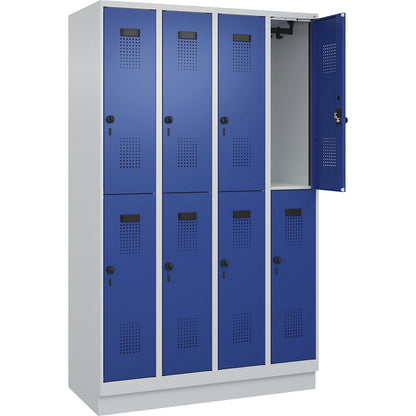 Evolo PLUS double deck clothes locker, 4 compartments, light grey / gentian blue, W 1200 mm, with base plinth, rotary bolt.